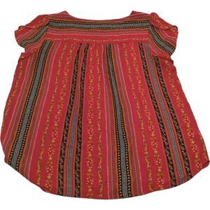 LOFT L Pink Black Striped Floral Peasant Blouse
